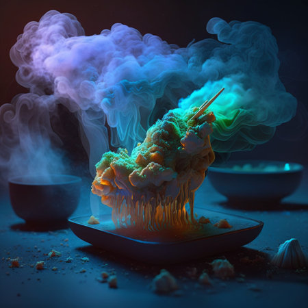 Futuristic food with volumetric smoke and volumetric light. High quality illustrationの素材