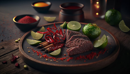 Still life of venison meat, lime, red pepper in a restaurant ,Generative AI. High quality photoの素材