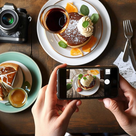 Food photography with a Smartphone in a coffee shop. High quality illustrationの素材