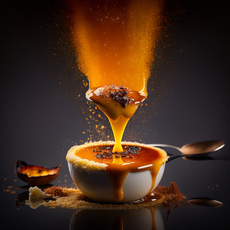 Creme brulee close-up, heated and steamed on top. High quality illustrationの素材