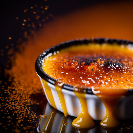 Creme brulee close-up, heated and steamed on top. High quality illustrationの素材