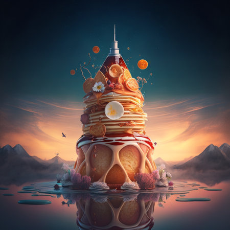A tower of pancakes covered in syrup and ice cream. High quality illustrationの素材