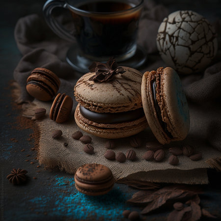 Delicate pastries in form of crispy delicate macaron with cocoa and coffee. High quality photoの素材