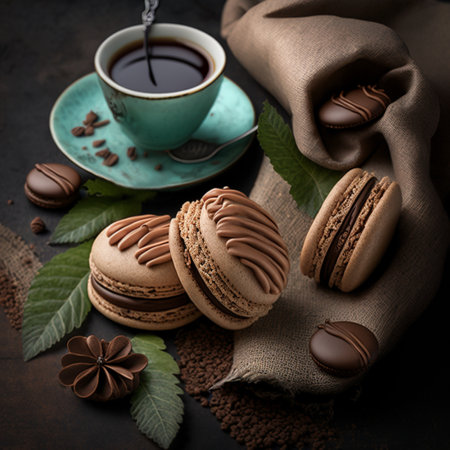 Delicate pastries in form of crispy delicate macaron with cocoa and coffee. High quality photoの素材