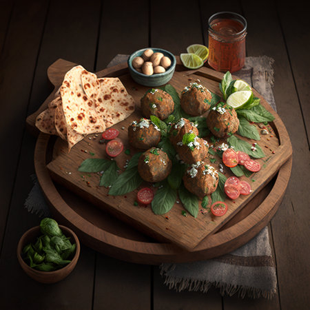 Delicious meatballs on a wooden platter with a Middle Eastern twist. High quality illustrationの素材