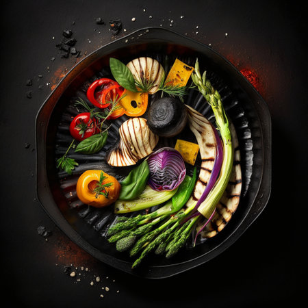 Grilled vegetables in a cast iron grilling pan, view from above. High quality photoの素材