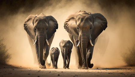 A family of elephants strolls through the savannah with the dust. High quality illustrationの素材