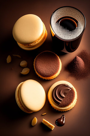Delicate pastries in form of crispy delicate macaron with cocoa and coffee. High quality photoの素材