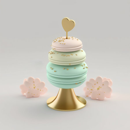 Pastel colored macaroons stacked in a turret on a pretty base ,Generative AI. High quality photoの素材