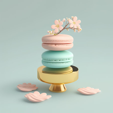 Pastel colored macaroons stacked in a turret on a pretty base ,Generative AI. High quality photoの素材