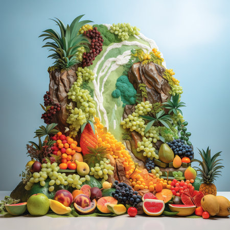 A large pile of fruits and vegetables against a background of mountains. Generative AI. High quality photoの素材