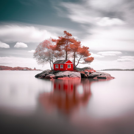 Red house in the center of the lake, Generative AI. High quality photoの素材