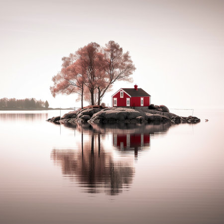 Red house in the center of the lake, Generative AI. High quality photoの素材