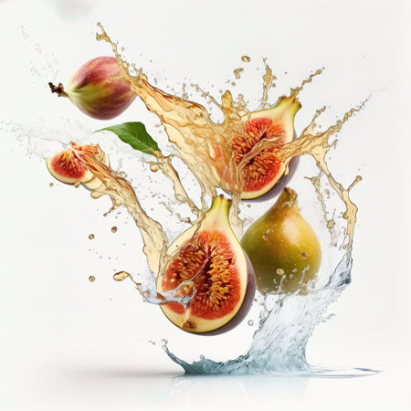Fresh figs fall with a splash of white on a white background, Generative AI. High quality photoの素材