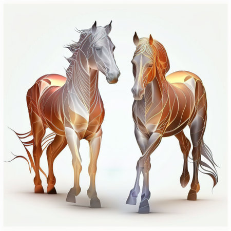 Couple of beautiful white horses isolated on white background. Generative AI. High quality photoの素材