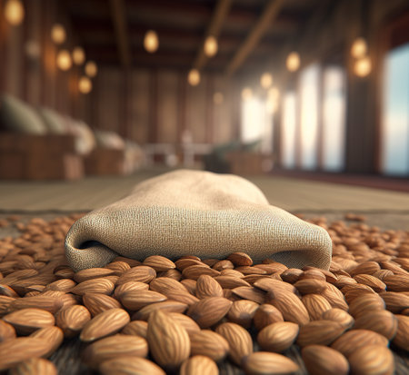 Scattered almonds on the sackcloth, Generative AI. High quality photoの素材