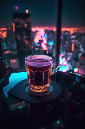 A cup of coffee on a city night, Generative AI. High quality photoの素材