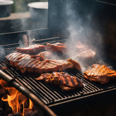 Barbecue, on the grill grates roast a variety of meat, Generative AI. High quality photoの素材