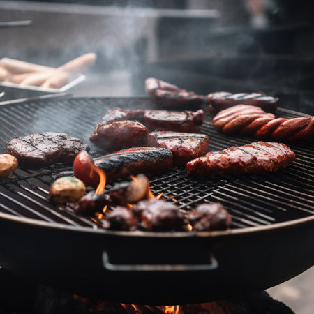 Barbecue, on the grill grates roast a variety of meat, Generative AI. High quality photoの素材