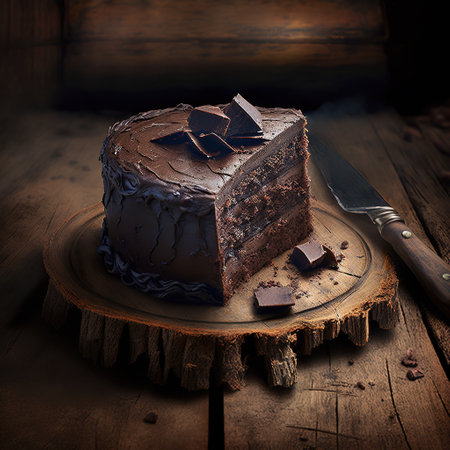 Piece of chocolate cake, rustic style, Generative AI. High quality photoの素材