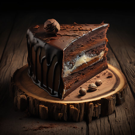 Piece of chocolate cake, rustic style, Generative AI. High quality photoの素材