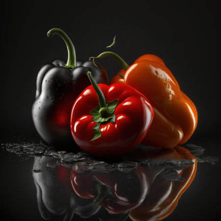 Red and black bell peppers on a black background , Generative AI. high quality photoの素材