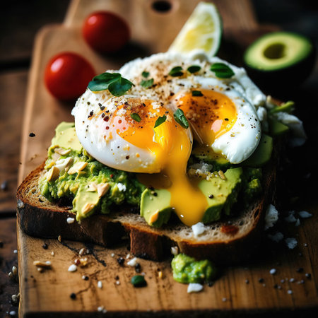 Fried eggs laying on toasters , Generative AI. High quality photoの素材