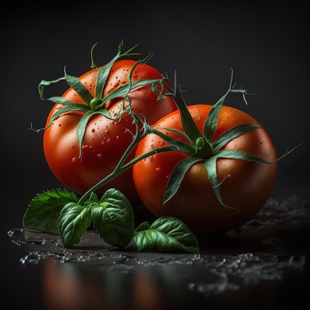 Juicy tomatoes on a shiny black background , Generative AI. High quality photoの素材