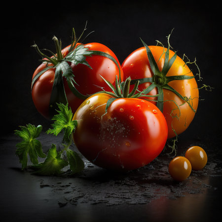 Juicy tomatoes on a shiny black background , Generative AI. High quality photoの素材