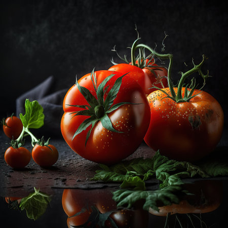 Juicy tomatoes on a shiny black background , Generative AI. High quality photoの素材