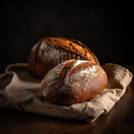 Baked sliced bread on wooden board with dried herbs for nutrition , Generative AI. High quality photoの素材