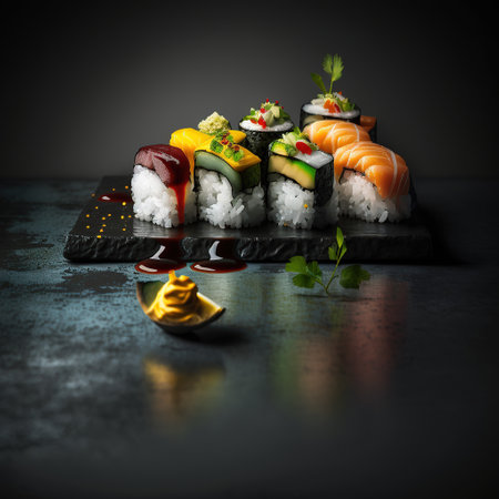 Bright beautiful varieties of sushi , Generative AI. high quality photoの素材