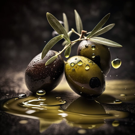 Olives with drips and splashes of oil , Generative AI. high quality photoの素材