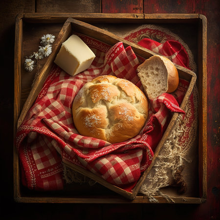 Butter and bread for breakfast, on a wooden board , Generative AI. high quality photoの素材