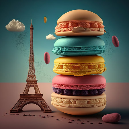 Macaroon tower with the Eiffel Tower next to it Generative AI. high quality photoの素材