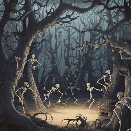 Fantastic forest, skeletons come out of the ground at night , Generative AI. High quality photoの素材
