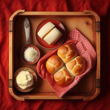 Butter and bread for breakfast, on a wooden board , Generative AI. High quality photoの素材