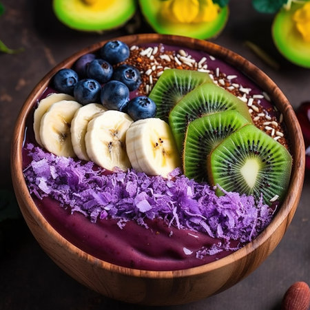 Assorted fruit in a wooden cup Generative AI. High quality photoの素材