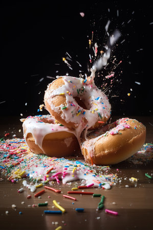 Exploding glazed donuts and sprinkles , Generative AI. high quality photoの素材
