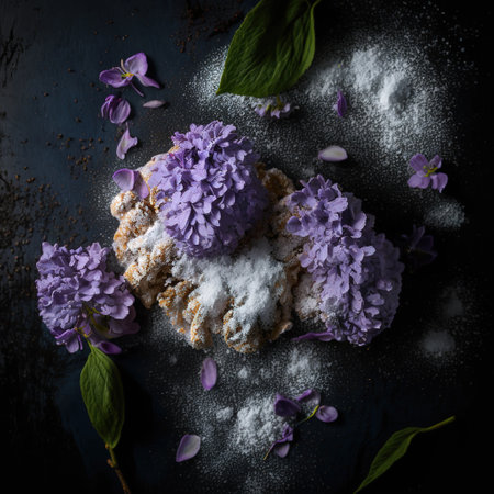 Homemade pastries sprinkled with powdered sugar and decorated with purple flowers, Generative AI. high quality photoの素材