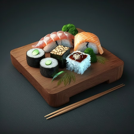Bright beautiful varieties of sushi , Generative AI. high quality photoの素材
