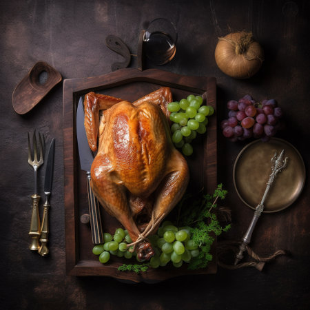 Chicken baked until golden and garnished with grapes , Generative AI. high quality photoの素材