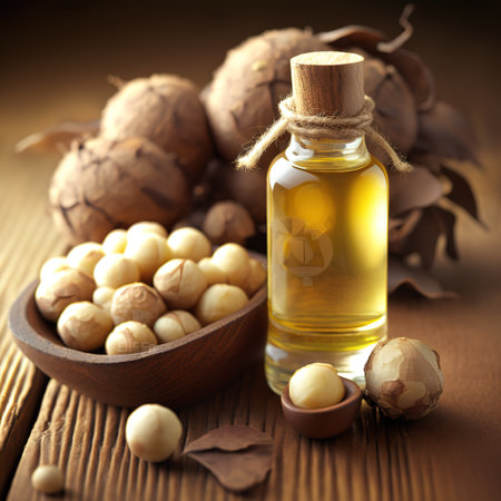 Organic macadamia oil and macadamia nuts for massage , Generative AI. high quality photoの素材