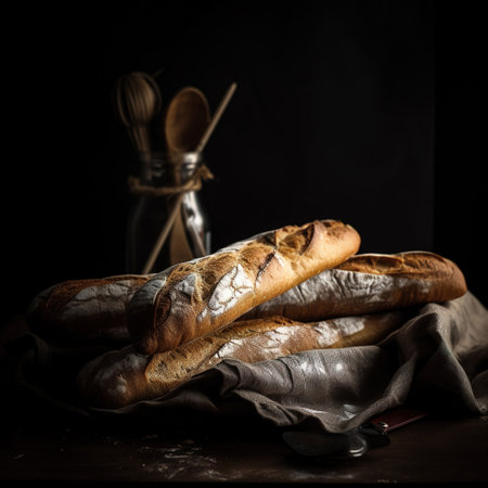 Two sliced baguettes on a black background, Generative AI. high quality photoの素材
