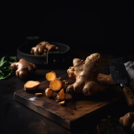 Ginger lies sliced on a wooden cutting board. Dark key, Generative AI. high quality photoの素材