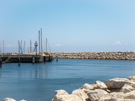 Ships on the dock with rocks in the foreground. high quality photoの写真素材