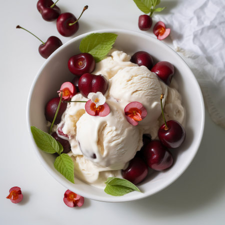Creamy ice cream in a bowl with scattered cherries , Generative AI. High quality photoの素材