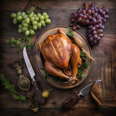 Chicken baked until golden and garnished with grapes , Generative AI. High quality photoの素材