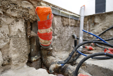The plumbing work is currently in progress, showcasing exposed pipes and a bare floor in a renovation projectの写真素材