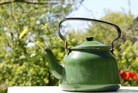 Water kettle decorated with flower from the garden